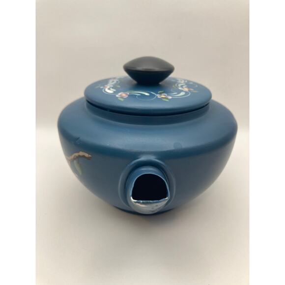 Vintage Mirro Teapot Aluminum Hand Painted Floral and Bird USA Blue with Lid - Picture 3 of 9